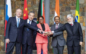 (From left) Xecretary of the Security Council of Russia Nikolai Patrushev, member of the Political Bureau of the Communist Party of China (CPC) Central Committee and director of the Office of the CPC Central Commission for Foreign Affairs Wang Yi, Minister in the Presidency of the Republic of South Africa Khumbudzo Ntshavheni, National Security Adviser of India Ajit Doval, and chief adviser of the Presidency of Brazil Celso Luiz Nunes Amorim at the 13th Meeting of BRICS National Security Advisers and High Representatives on National Security in Johannesburg, South Africa, 25 July, 2023.