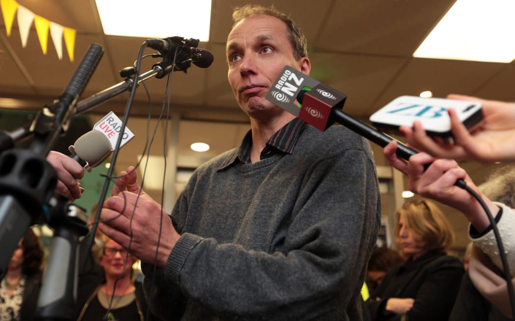 Nicky Hager speaking to reporters at his book launch on Wednesday.
