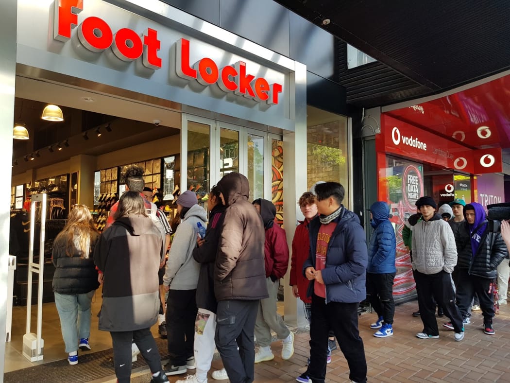 More than 100 people queued outside Footlocker on Lambton Quay overnight, to ensure they secured a pair of the sought after shoes when shop doors opened at 8am.