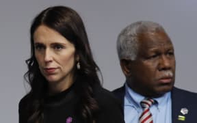 New Zealand Prime Minister Jacinda Ardern and Solomon Islands Prime Minister Manasseh Sogavare attend the executive session of the Commonwealth Heads of Government Meeting, at Lanacaster House in London on 19 April, 2018.