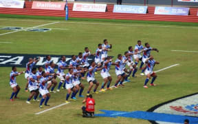 Manu Samoa rugby team performs the siva tau ahead of their match against the All Blacks in Apia