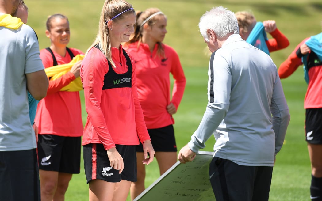 Katie Bowen and Football Ferns Head Coach Tom Sermanni at a training session ahead of the OFC Women's Nations Cup in New Caledonia.