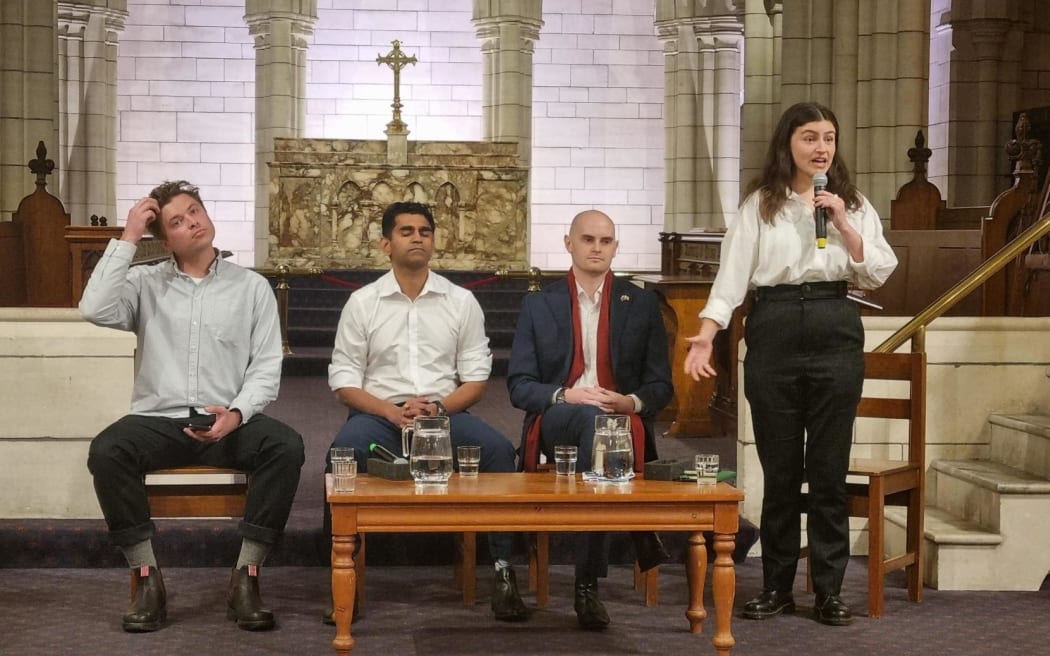 From left: The Opportunities Party candidate Damian Sycamore, National candidate Mahesh Muralidhar, Labour candidate Oscar Sims and the Green Party's Chloe Swarbrick. Photo: