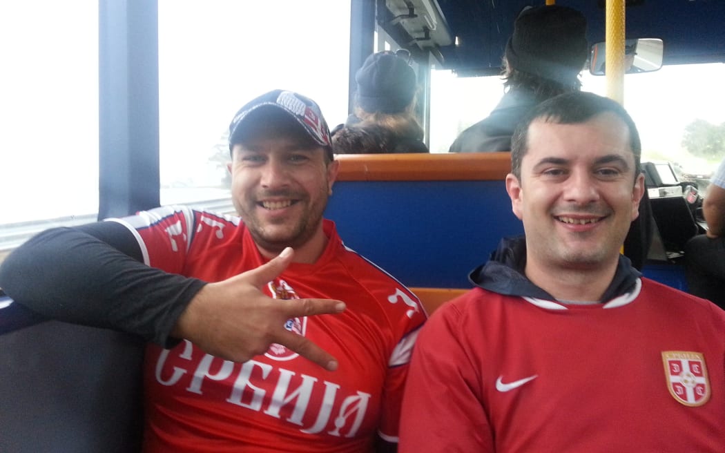 Serbian fans Nemanja Sinikovic (L) and Slobodan Mandic