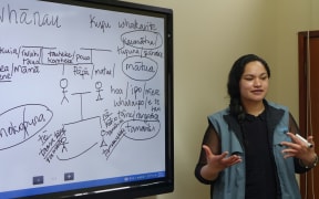 Te Reo o Taranaki tutor Te Ingo Ngaia teaches whanau relationships to a class of BDO accountants in New Plymouth.