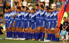 Samoa sing the national anthem in their first 2008 Rugby League World Cup match against Tonga.