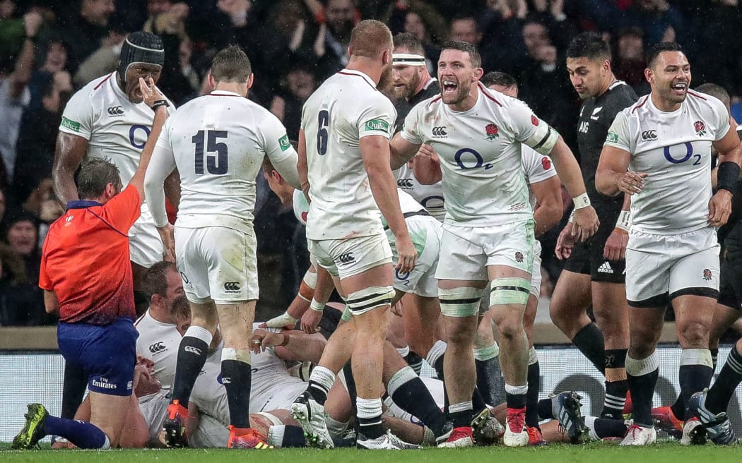 Quilter International Series, Twickenham, London 10/11/2018
England vs New Zealand All Blacks
England players celebrate a try from Dylan Hartley
Mandatory Credit ©INPHO/Billy Stickland / www.photosport.nz