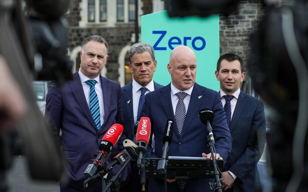 From left to right: National's Simon Watts, Dale Stephens (Nats candidate for Christchurch Central) National Party leader Christopher Luxon, and Transport spokesperson Simeon Brown.