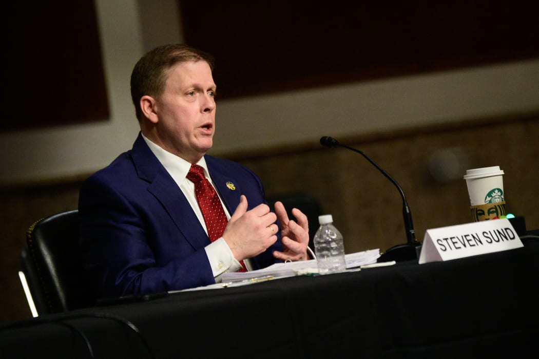 Former US Capitol police chief Steven Sund testifies to a Senate committee on the law enforcement response to the US Capitol attack on 6 January.