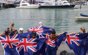 Team New Zealand fans at America's Cup Race Village in Auckland's viaduct