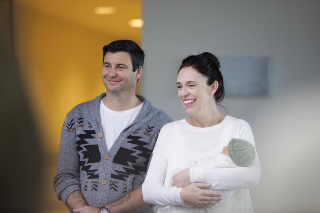 Prime Minister Jacinda Ardern and Clarke Gayford leave Oakland Hospital in Auckland with their baby girl, Neve Te Aroha Ardern Gayford.