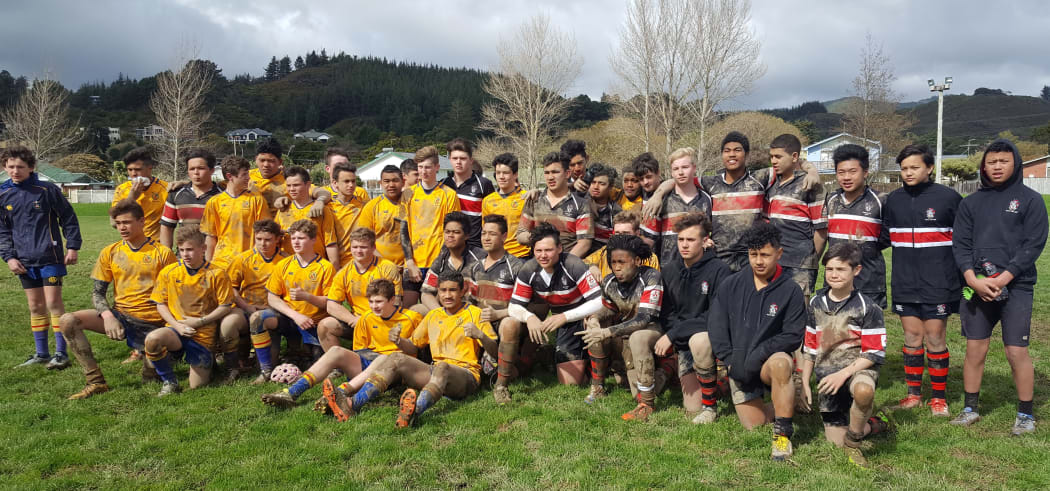 Francis Douglas Memorial College (Taranaki) (Blue and gold) Scots College (Wellington) (Red, Black, White) after their match at the Hurricanes U15 schools tournament in Wellington (Upper Hutt).