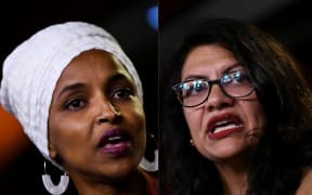 (COMBO) This combination of pictures created on August 15, 2019 shows Democrat US Representatives Ilhan Abdullahi Omar (L) and Rashida Tlaib during a press conference,