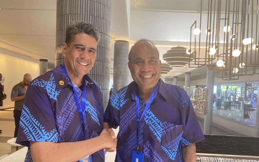 Palau President Surangel Whipps Jr and Kiribati President Taneti Maamau at the Pacific Islands Forum 2023 Leaders Retreat in Fiji.
