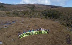Mining protesters on the Denniston Plateau today.