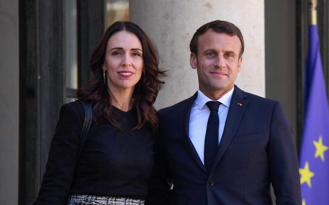 President of the French Republic, Emmanuel Macron (R) welcomes Prime Minister of New Zealand Jacinda Ardern (L) at Elysee Palace in Paris, France on May 15, 2019.