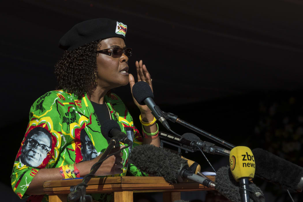 June 2, 2017. Zimbabwe first lady Grace Mugabe addresses the crowd during a youth rally. (Photo by Jekesai NJIKIZANA / AFP)