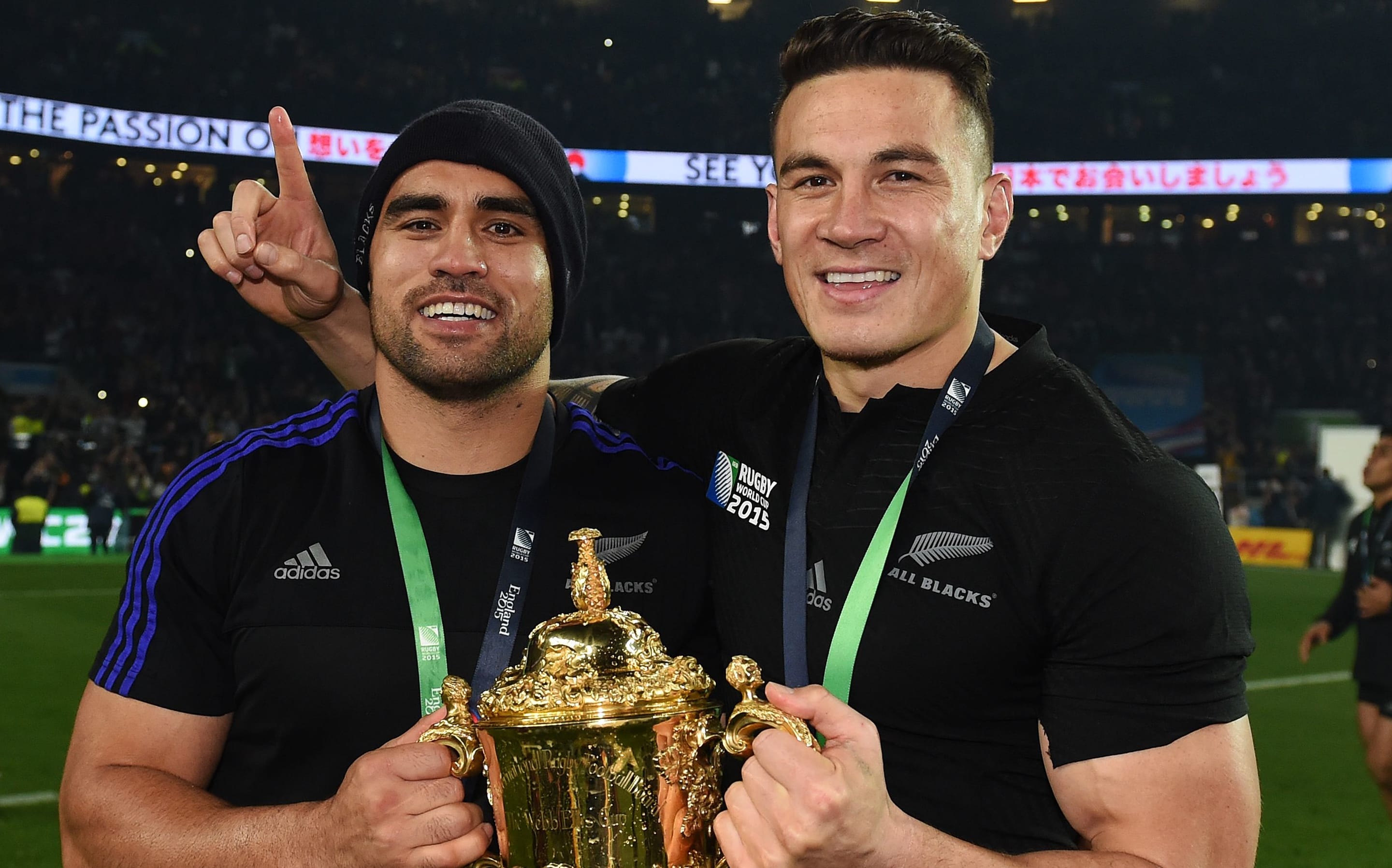 Liam Messam and Sonny Bill Williams celebrate winning the World Cup 2015.