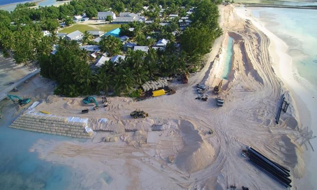 Dredging and construction of a new seawall is underway on the Tuvalu atoll of Nukufetau.