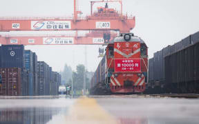 A freight train from Germany arrives at a railway station in Wuhan, central China.
