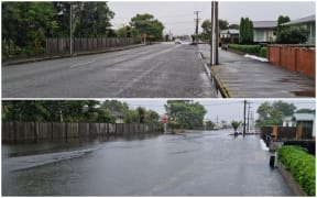 Before and after shots on Derby Street in Westport. The top picture was taken at 7.45am this morning, while the flooding in the lower picture was taken about 4pm yesterday.