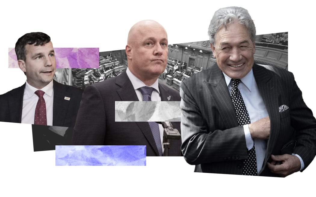 Collage of Winston Peters, Christopher Luxon and David Seymour in front of Parliament floor