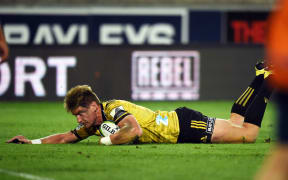 Hurricanes Jordie Barrett scores a try during the 2019 Investec Super Rugby game between Hurricanes vs Stormers, Westpac Stadium, Wellington, Saturday 23rd March 2019.