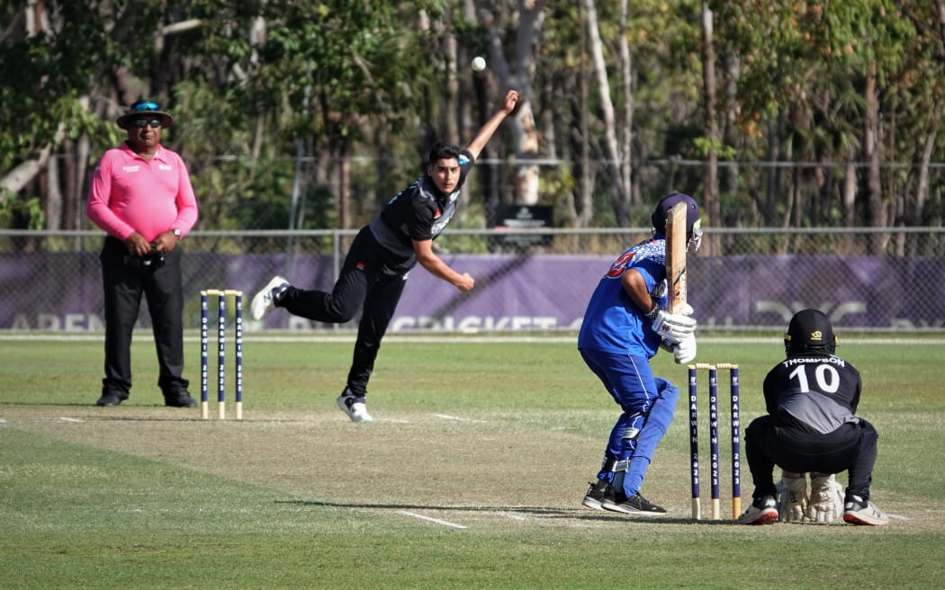 Rahman Hekmat bowling against Samoa.