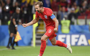 England captain Harry Kane celebrates scoring a goal against Colombia at the Football World Cup in Russia.
