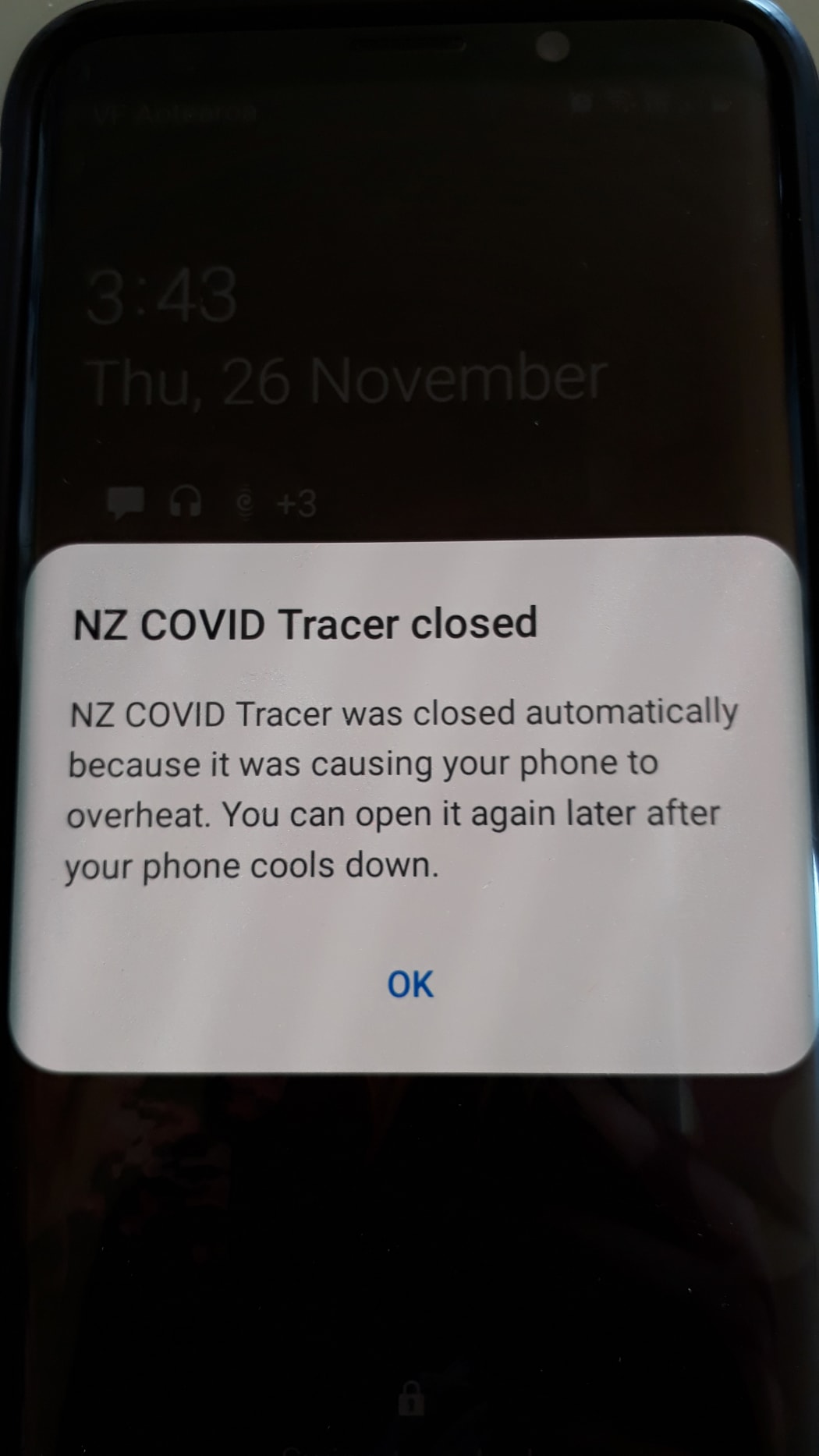 The phone covid app closed because it was causing the phone to overheat.