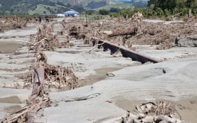 Rail tracks covered in silt in the Esk Valley by flooding during Cyclone Gabrielle, 20 February 2023.