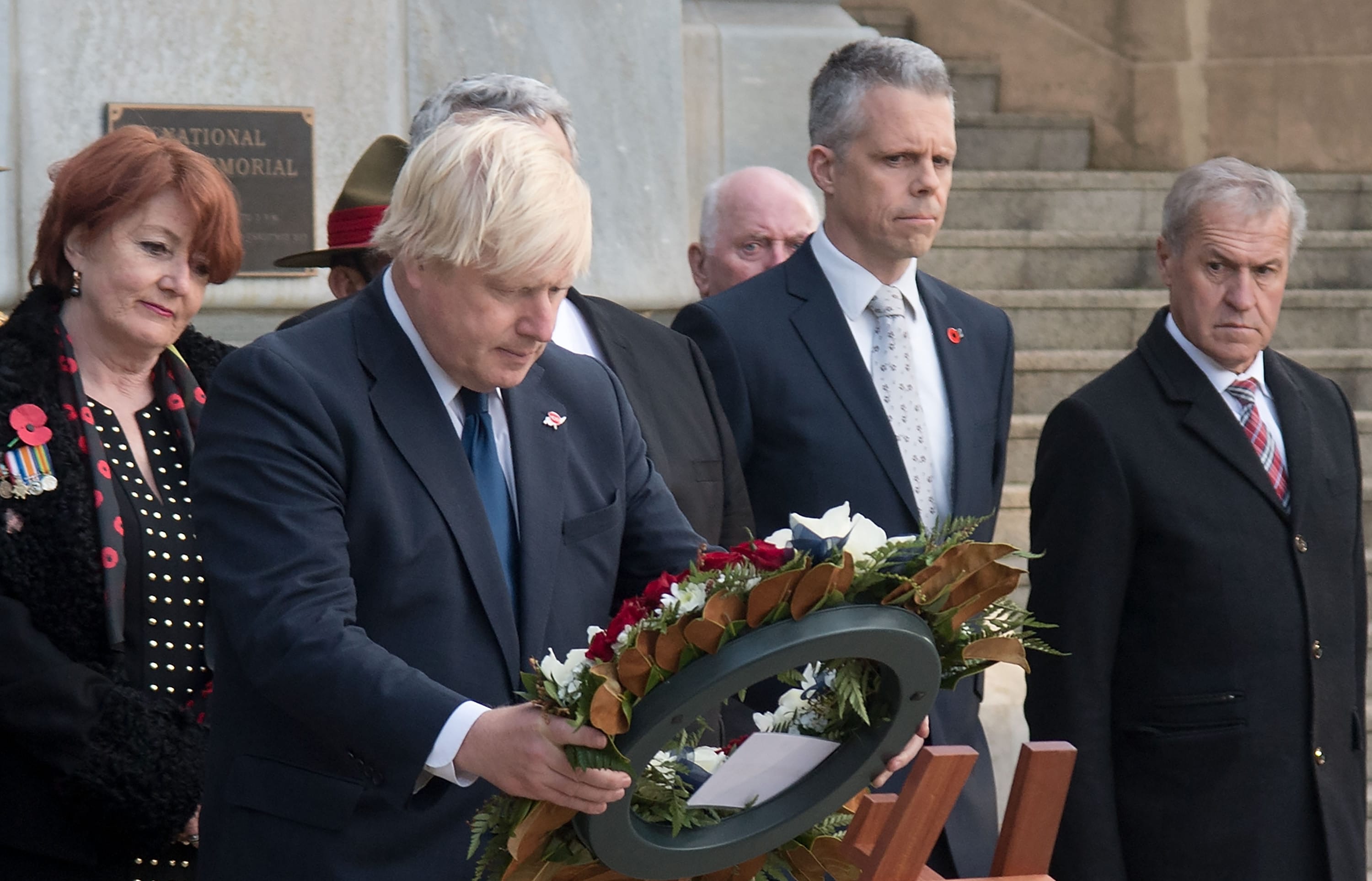 Boris Johnson at the Pukeahu war memorial in Wellington.