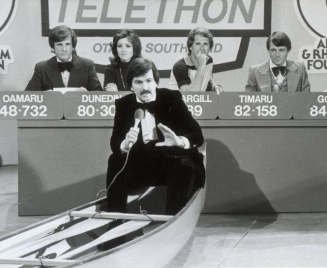 Neil Collins (front) fronting the Otago Southland studio component of the 1978 Telethon.