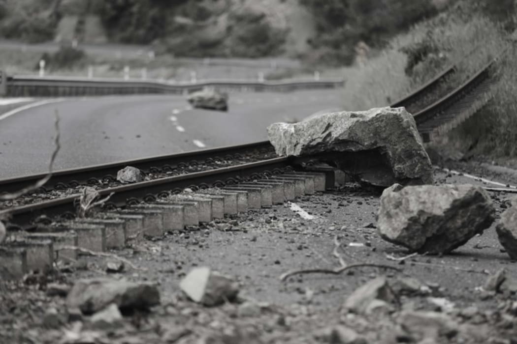 Railway tracks ripped from the line along State Highway 1 - North of Kaikoura.