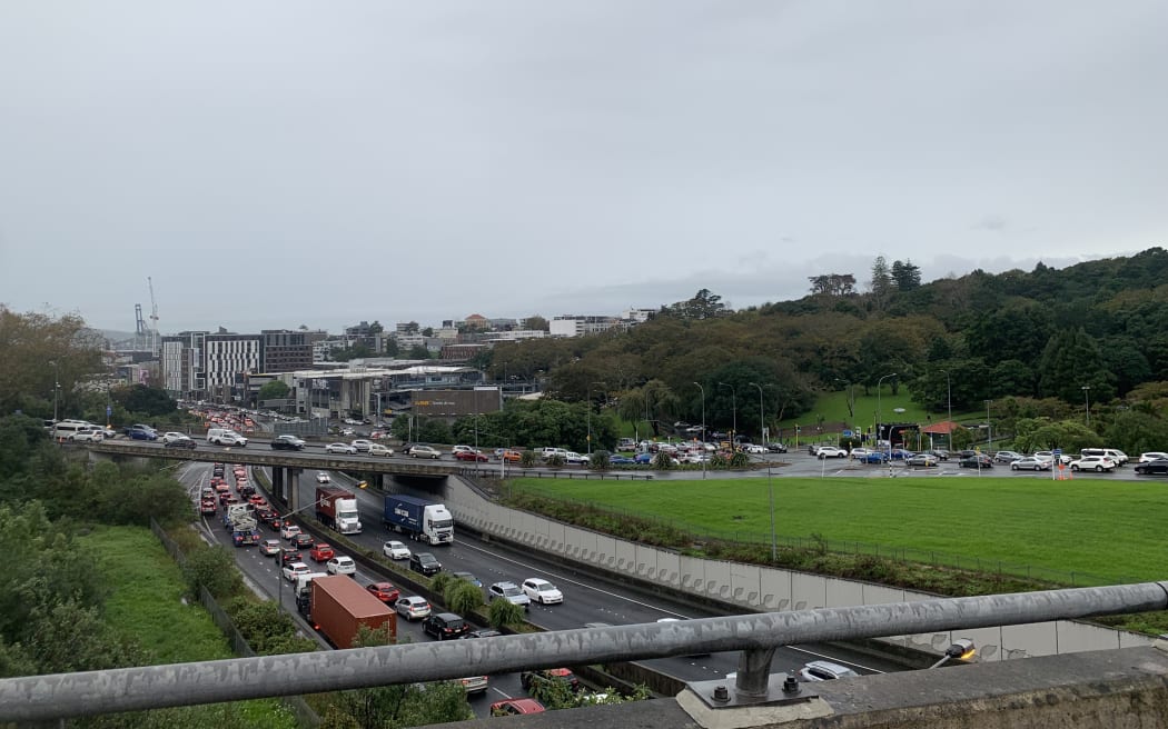Cars stuck in gridlock traffic during heavy rain in Auckland on 9 May, 2023.