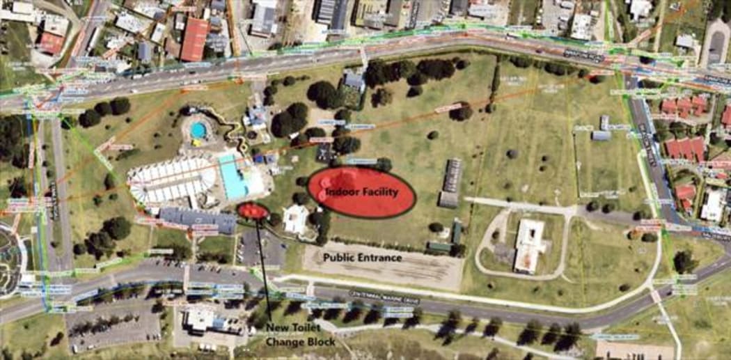 The indoor pool facility will move to greenfield land, marked red, next to the current site of the old pool.