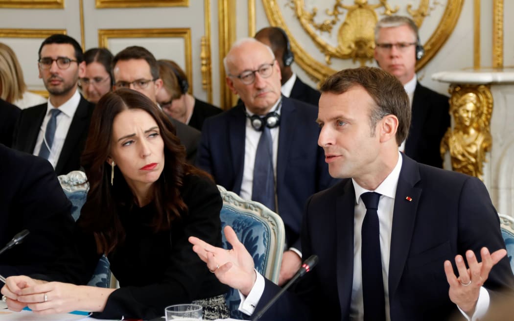 French President Emmanuel Macron (R) and Prime Minister Jacinda Ardern (L) attend the launching ceremony for the 'Christchurch Call'.
