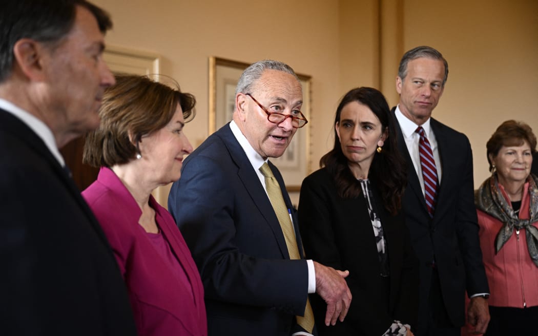 Prime Minister Jacinda Ardern meets a  bipartisan group of senators, incluidng Senate Majority Leader Chuck Schumer, third left, and Senator Amy Klobuchar (Democrat-Minnesota), Chair of Rules and Administration Committee, and 2020 presidential candidate.in Washington, DC, on May 25, 2022.