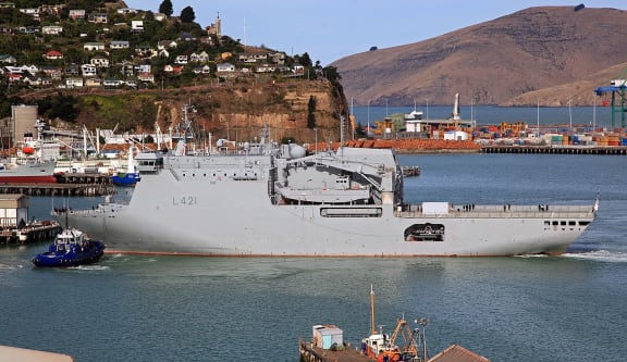 The HMNZS Canterbury arriving at the Port of Lyttelton with emergency supplies on 28 February 2011.