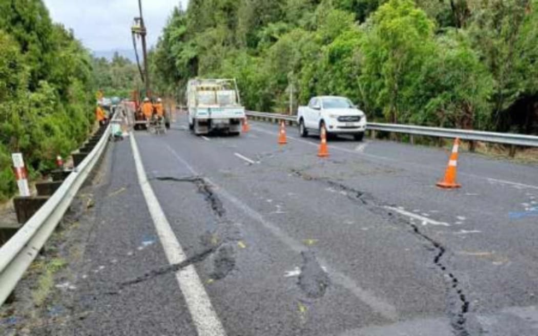 Cracks in the road on State Highway 25A in the Coromandel Peninsula.