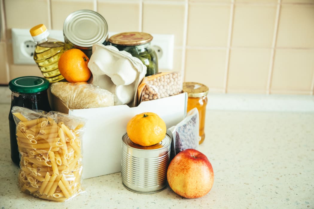Food donations in box. Food parcel.