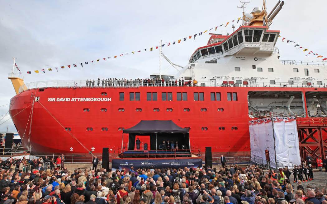 Britain's Prince William, Duke of Cambridge, Catherine, Duchess of Cambridge and Sir David  Attenborough attend the naming ceremony of Britain's new polar in research ship, the RRS Sir David Attenborough in Birkenhead in Sept 2019