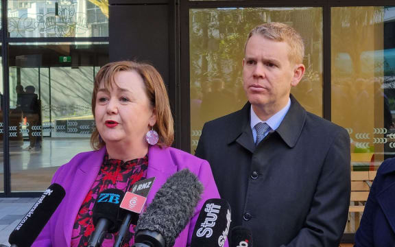 Housing Minister Megan Woods with Prime Minister Chris Hipkins at the opening of the Te Matawai housing development in Auckland central on 3 August, 2023.