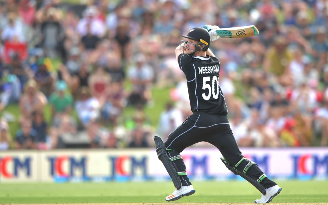 Blackcaps' James Neesham plays a shot during the first ODI cricket match between New Zealand and Sri Lanka at Bay Oval 2018.