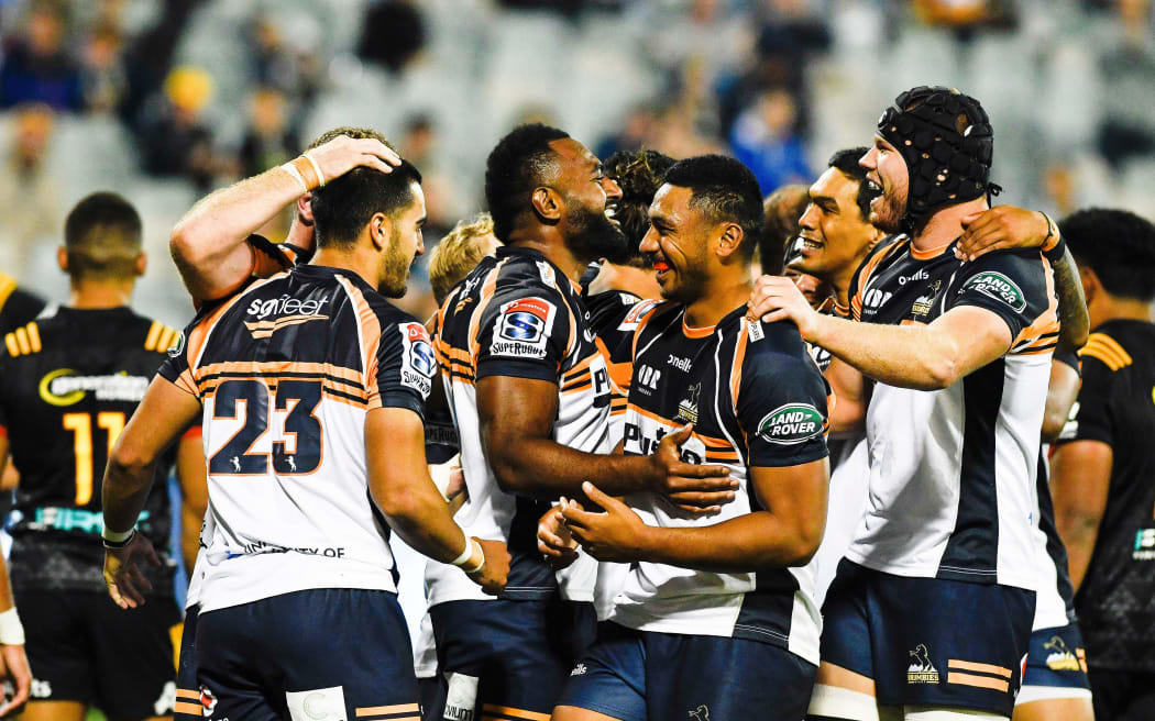 The Brumbies celebrate their win over the Chiefs. 23.2.19