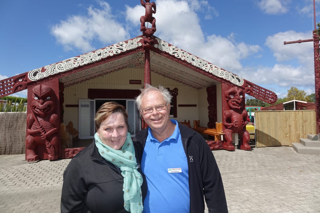 Journalists Pamela Smith from Illinois and Lars Helgstrand from Sweden  at Te Awhina Marae in Motueka, where they were officially welcomed during a visit to the region’s dairy, horticulture and viticulture operations.