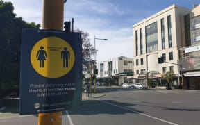 2 metre distance signs in Newmarket Auckland on day one of alert level 3 on 28 April.