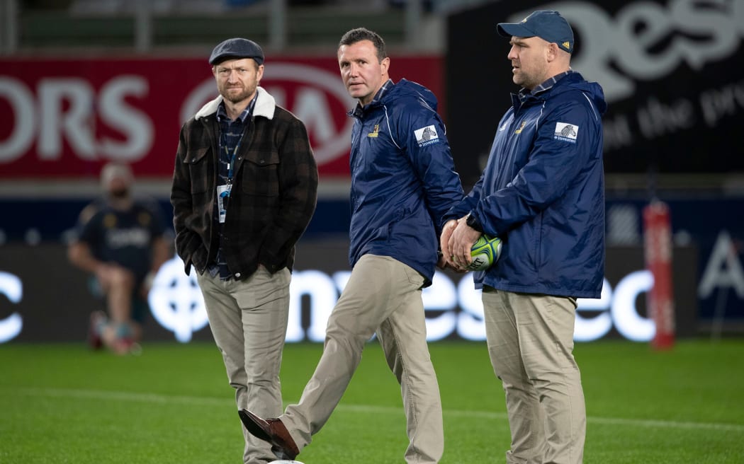 Highlanders coaching staff of Aaron Mauger, Tony Brown and Clarke Dermody 2020.