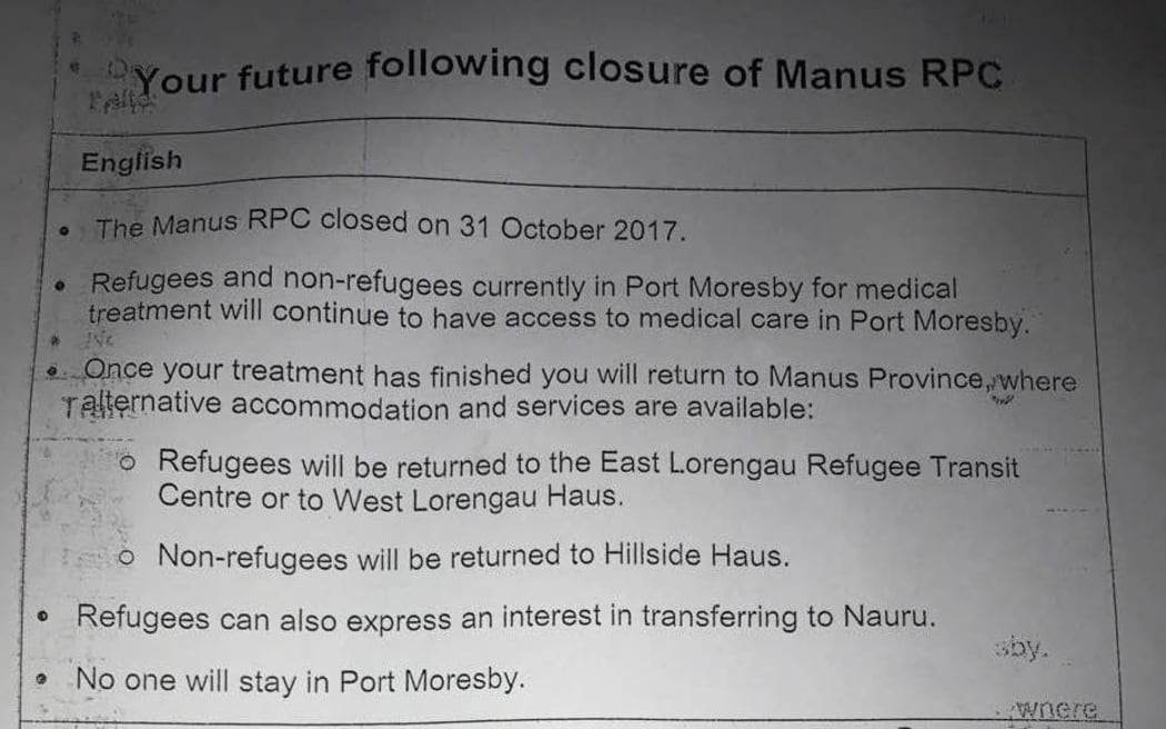 The note given to Manus Island detainees in Port Moresby.
