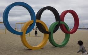 Olympic rings made of recycled plastic installed on Copacabana Beach.